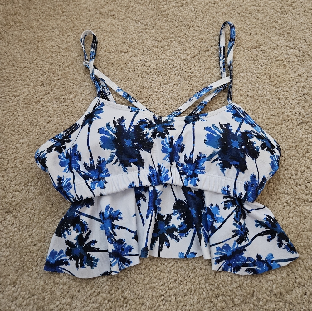 Blue and White Palm Print Women's Medium M Swimsuit Bikini Top